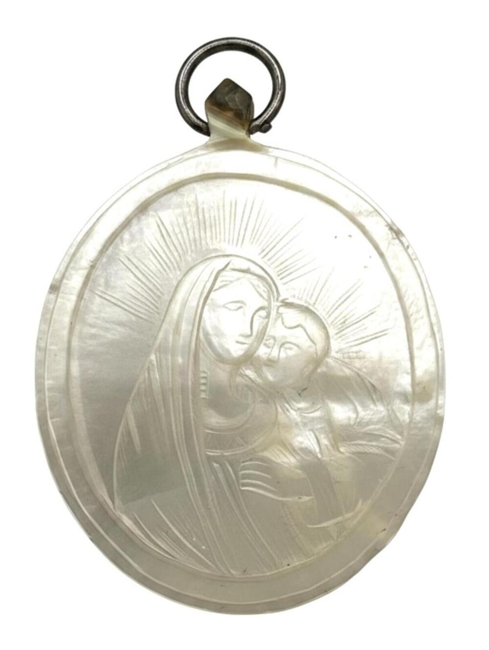 Antique Large Carved MOP/MOC Mary/Jesus Sterling Pendant